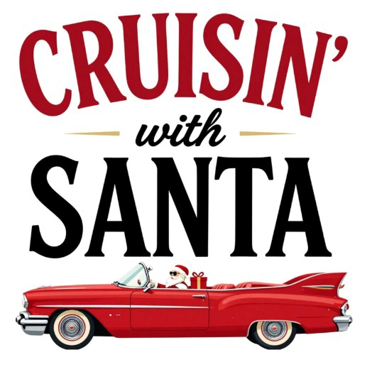 Cruisin' with Santa event cover photo featuring Santa driving a red convertible